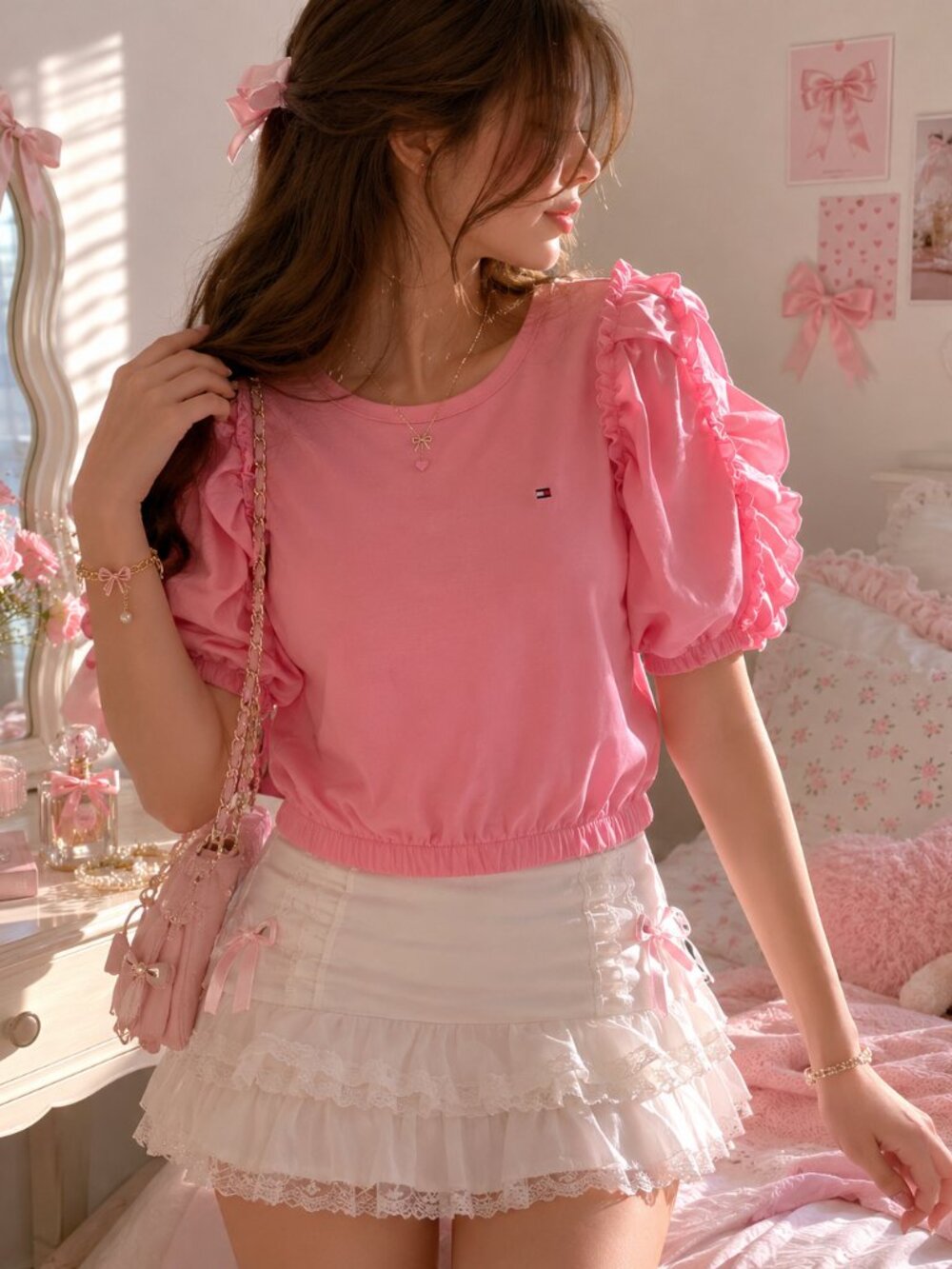Tommy Hilfiger Pink Blush 100% Cotton Ruffle Puff Sleeve Top Size Medium